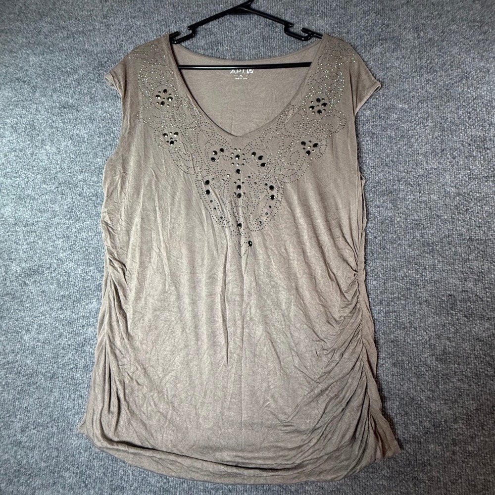 Apt 9 Women XL Taupe Brown Ruched Side Embellished Rhinestone V-Neck Tank Top